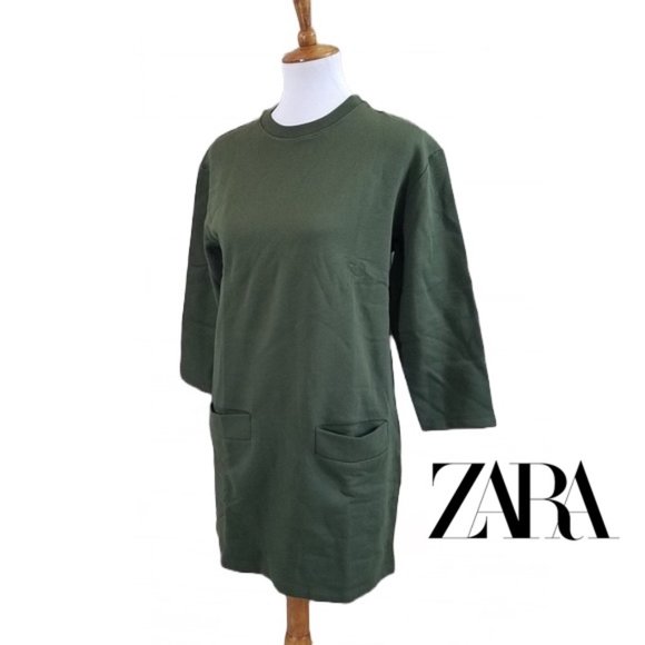 NWT $65 ZARA Women S Pullover Sweatshirt Mini Dress w Pockets  In Olive Green - Picture 1 of 4
